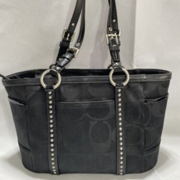 Euc Coach Signature C's Black Lurex Studded Shoulder Bag Tote Purse - Picture 1 of 11